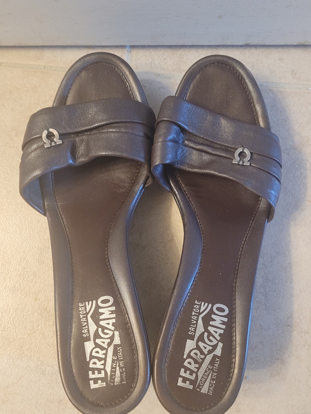 Salvatore Ferragamo Dark Brown Leather Slide Mules with Logo Accent